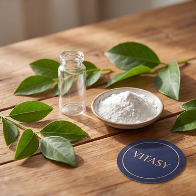 Glass vial with white NMN powder