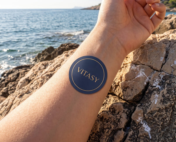 Arm with a navy Vitasy patch by the sea