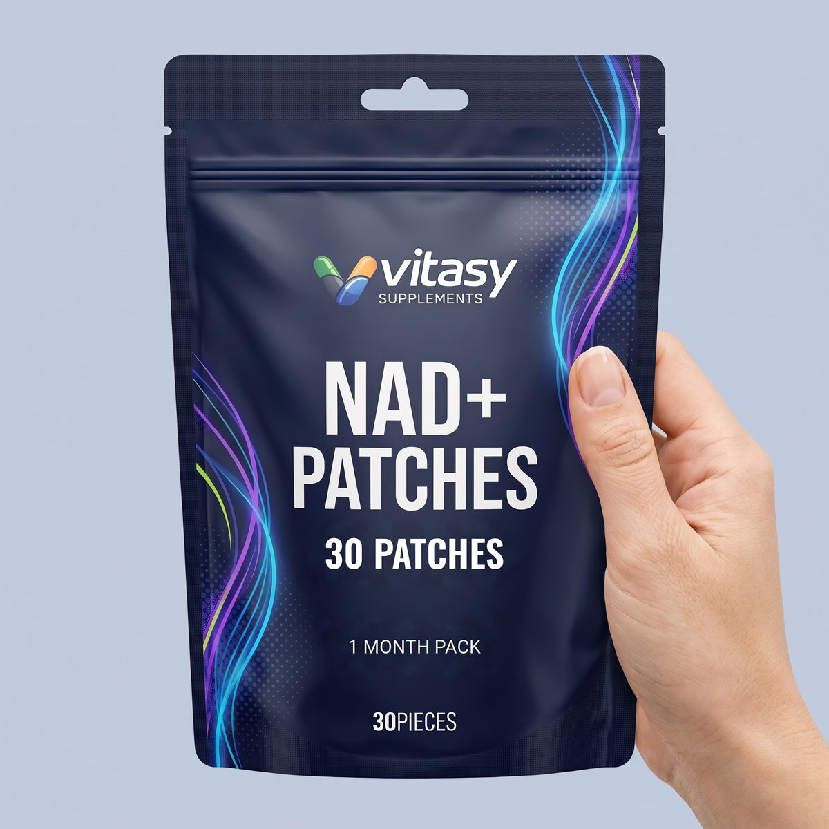 Hand holding the Vitasy NAD+ Patches pouch