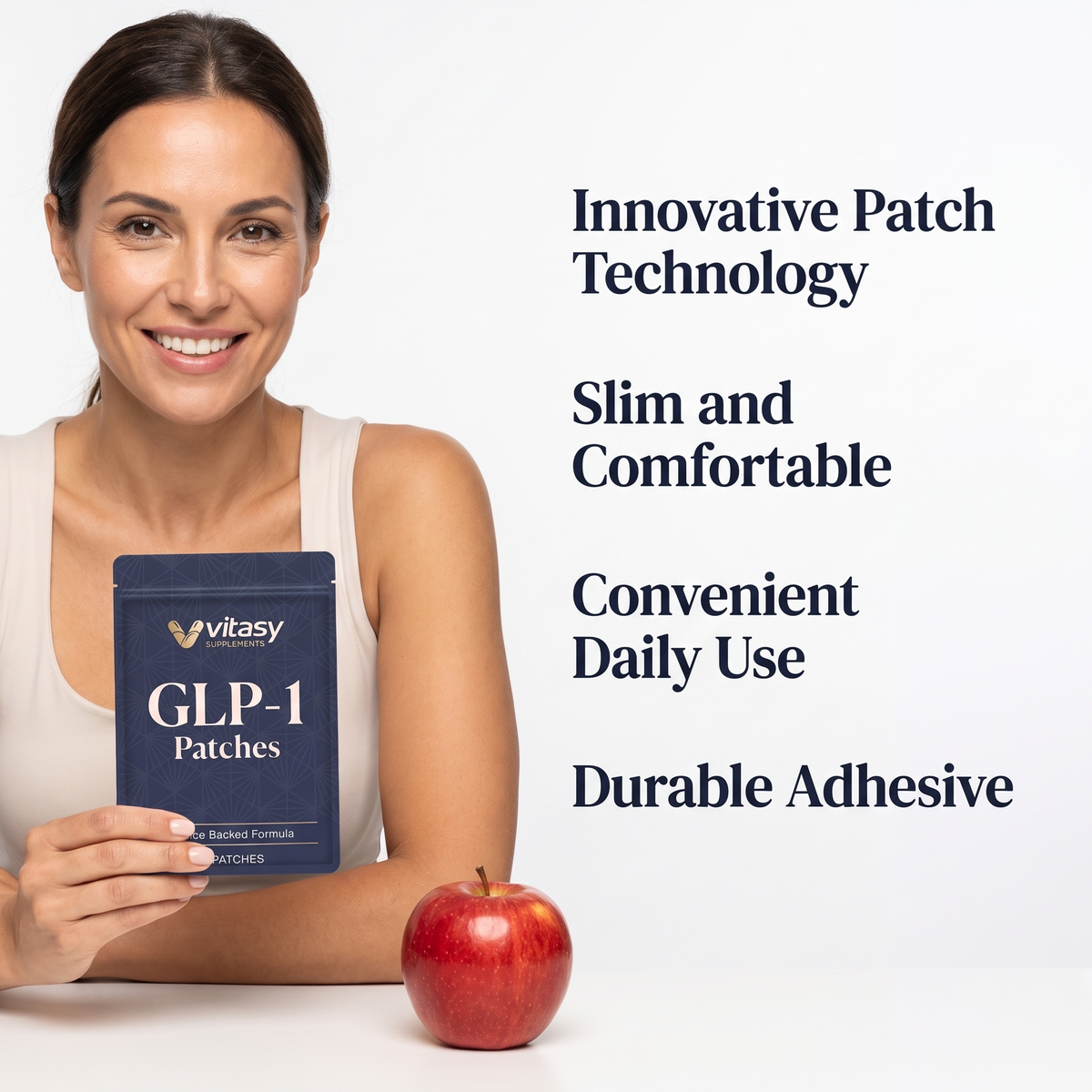 GLP-1 Patches v3 — Woman Eating Apple Benefits