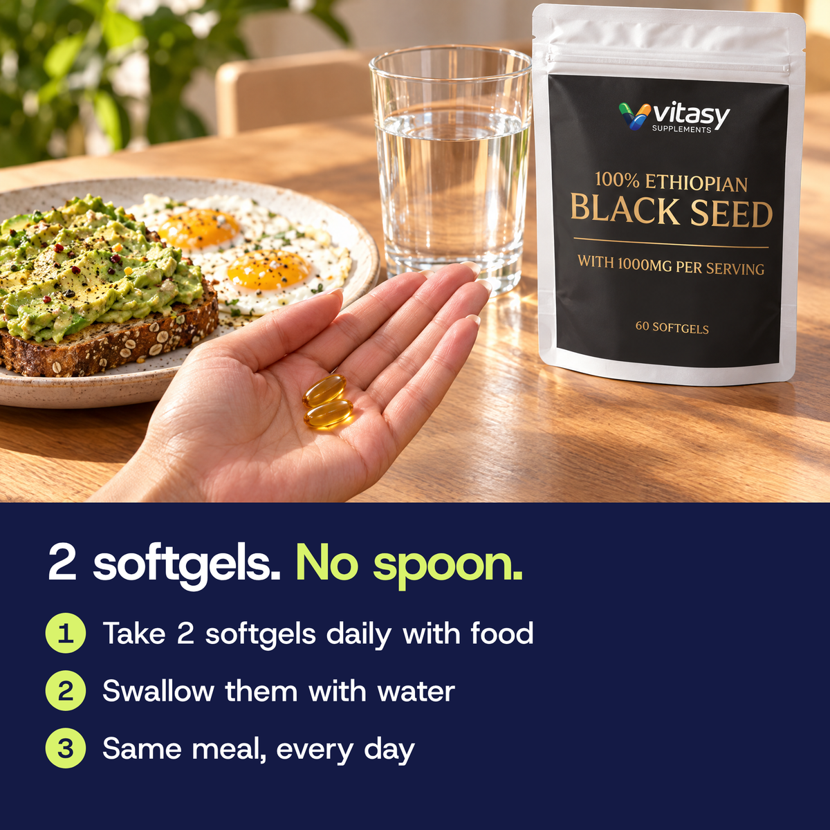 How to take it: 2 softgels daily with food, swallowed with water, at the same meal every day