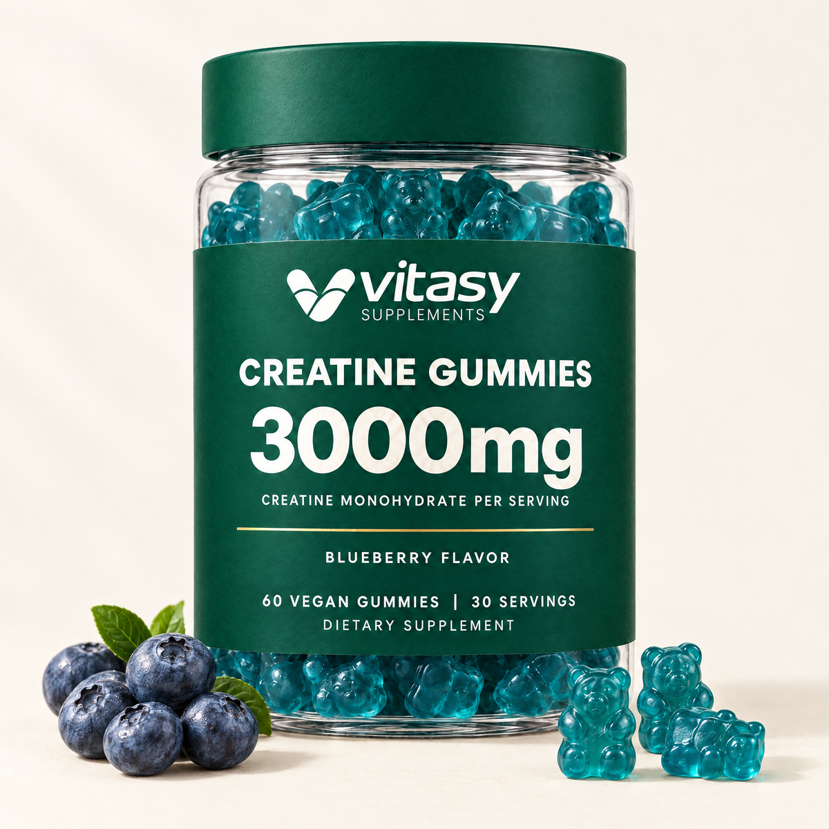 Vitasy Creatine Gummies jar, blueberry flavor, 3000mg creatine monohydrate per serving, 60 vegan gummies, with fresh blueberries