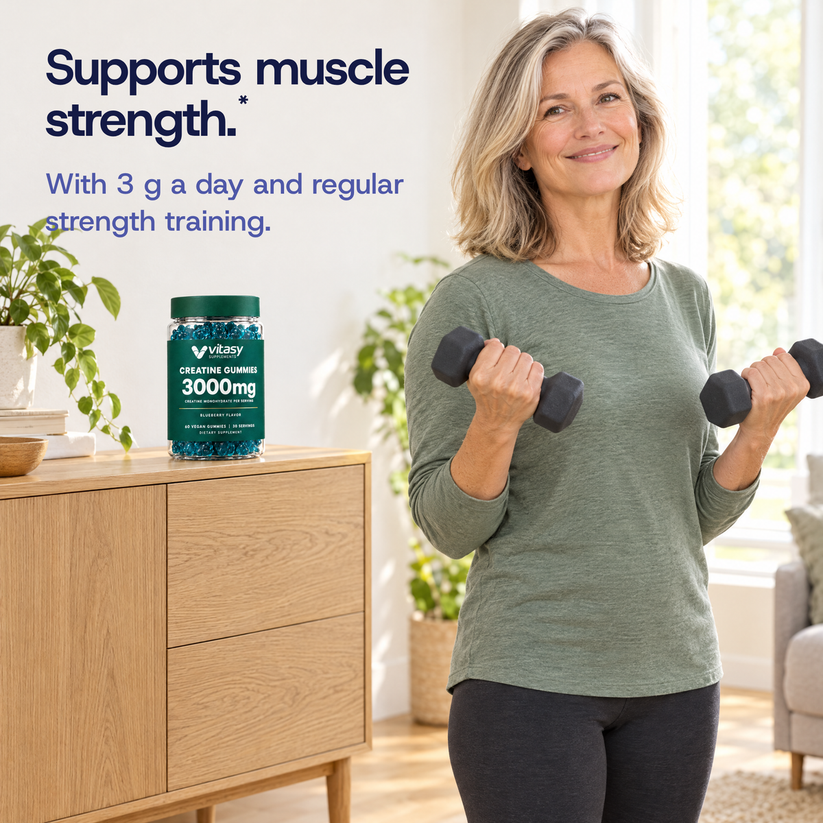 Supports muscle strength, with 3 g of creatine a day and regular strength training. Woman doing dumbbell curls at home, the Vitasy Creatine Gummies jar on a sideboard