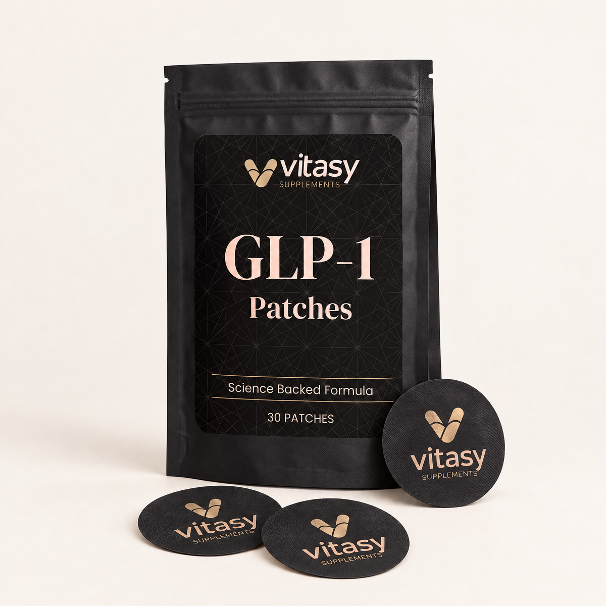 GLP-1 Patches pouch with three round black patches, 30 patches