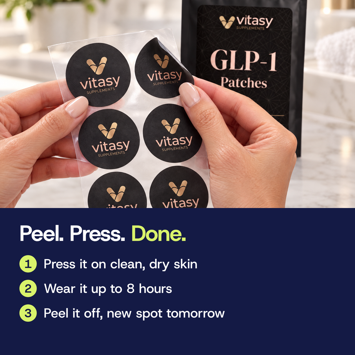 Hands peeling a GLP-1 Patch off its sheet: press it on clean, dry skin, wear up to 8 hours, peel it off