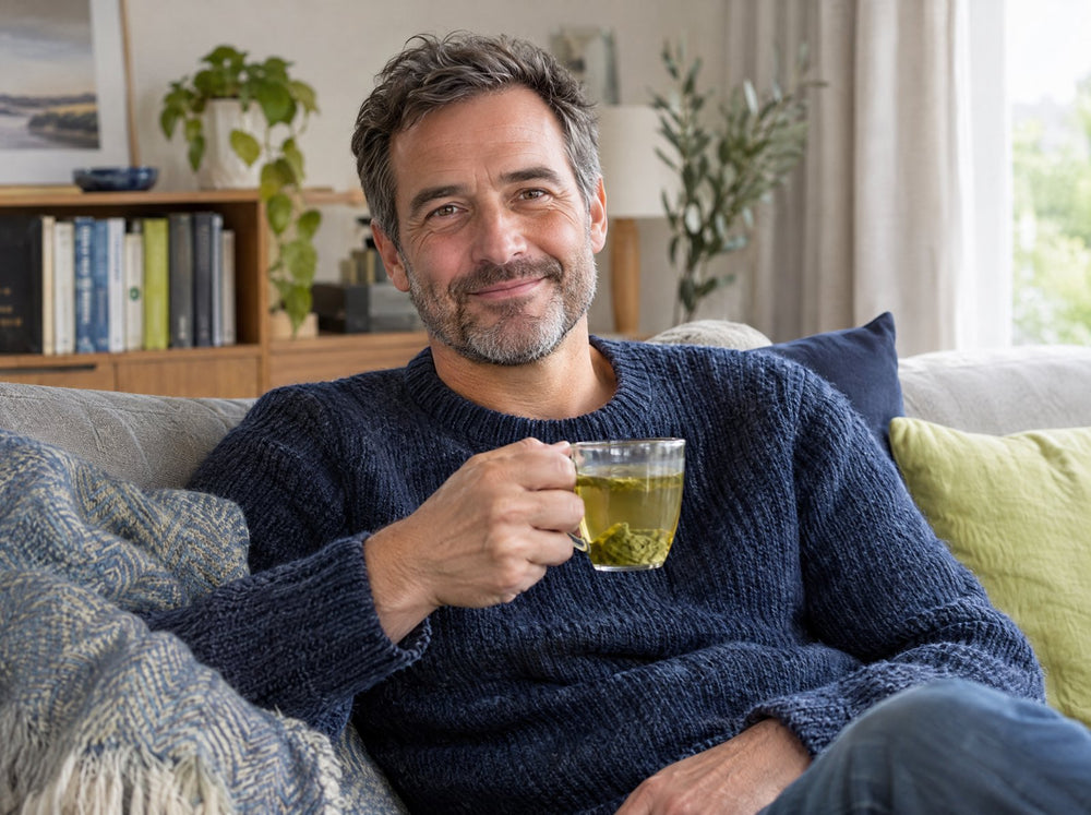 Man in his forties relaxing at home