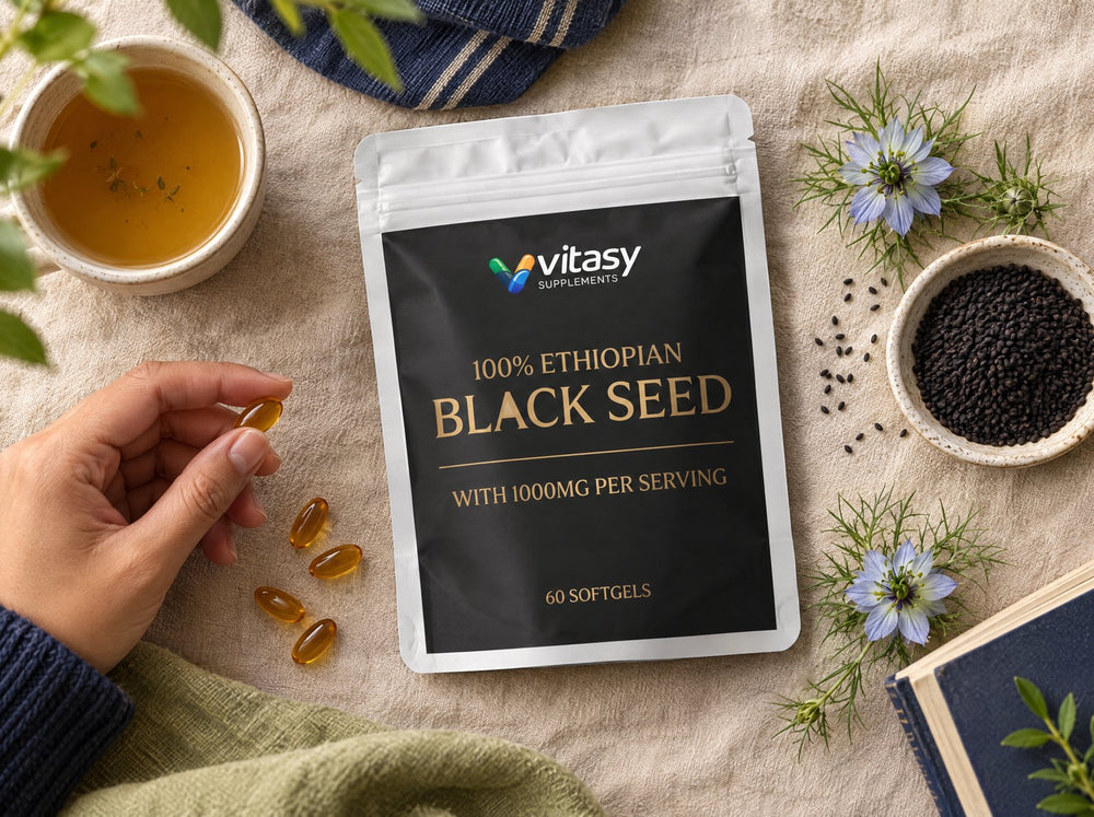 Flat-lay of the black seed oil pouch with seeds and nigella flowers