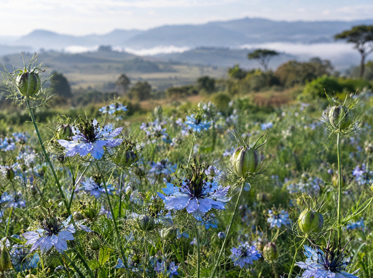 Nigella sativa flowers and seed pods in a field