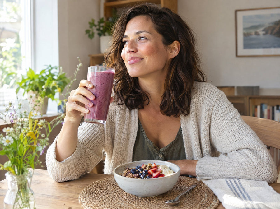 Woman enjoying a cold smoothie at a relaxed breakfast