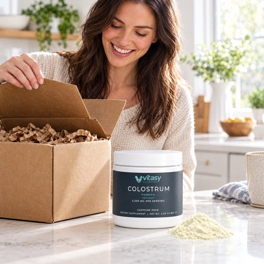 Colostrum Powder tub unpacked from its delivery box on a kitchen counter