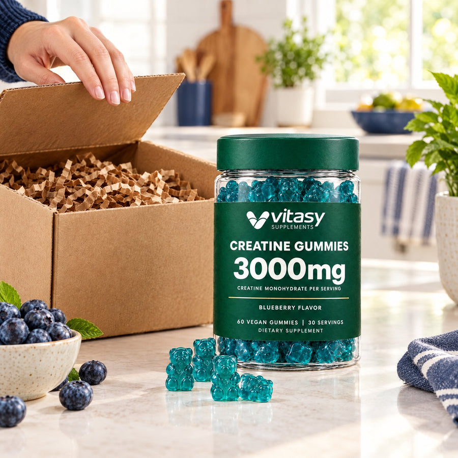 Vitasy Creatine Gummies jar unpacked from its delivery box on a kitchen counter
