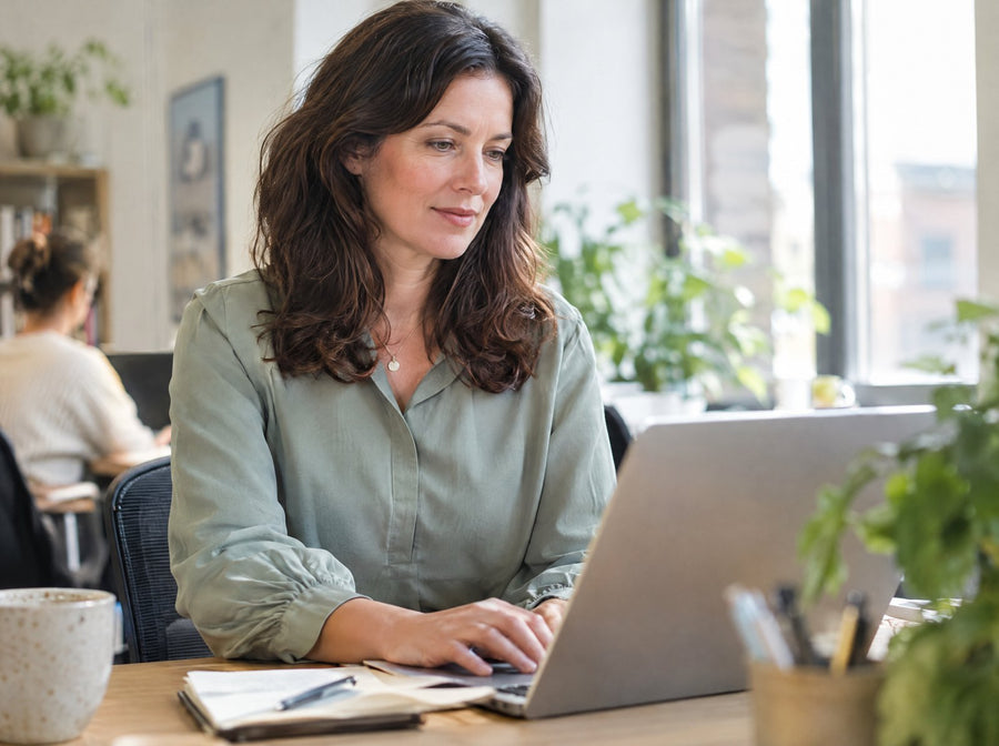 Woman at work in a bright office