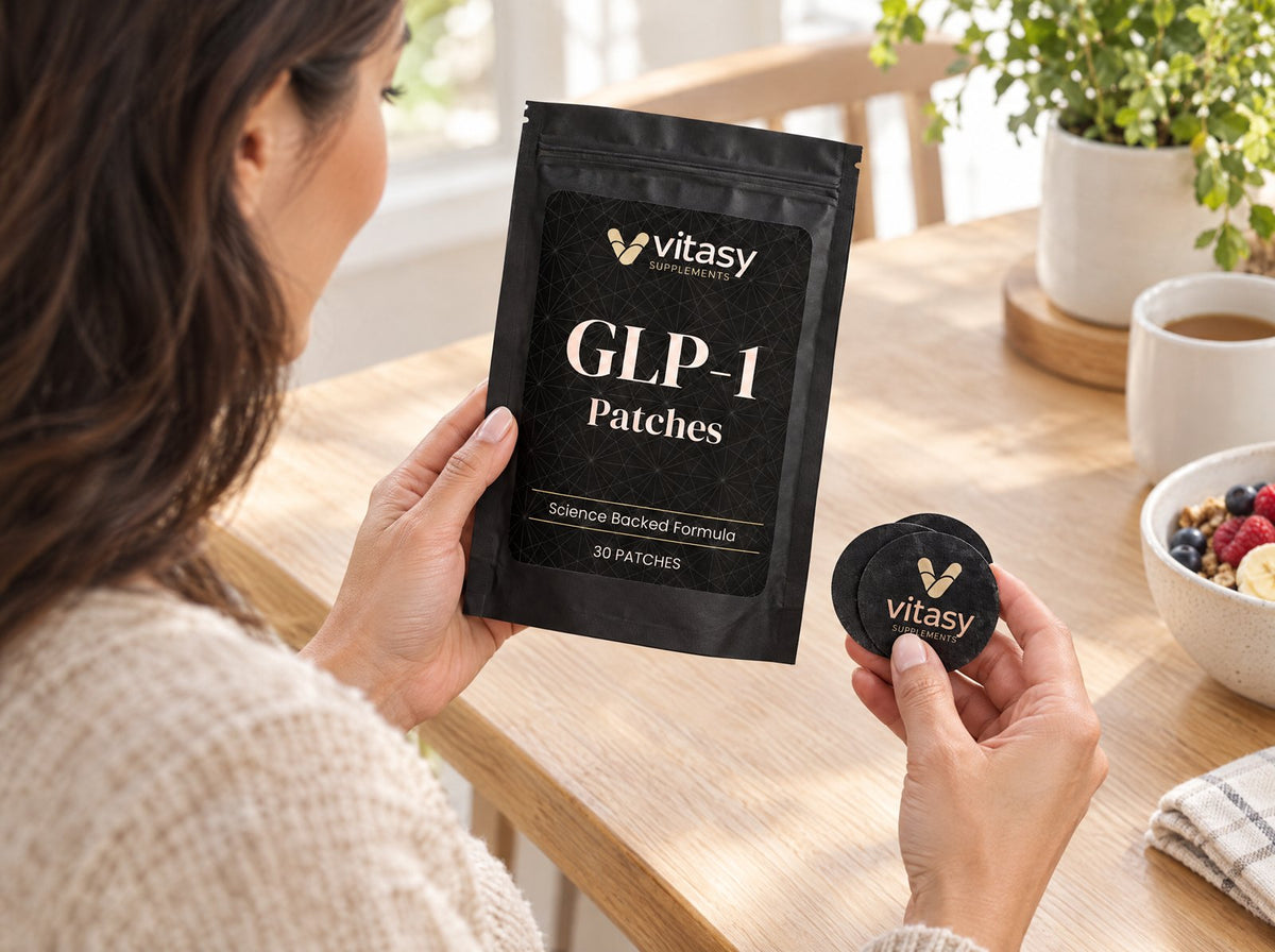 Hands holding the GLP-1 Patches pouch to read the label