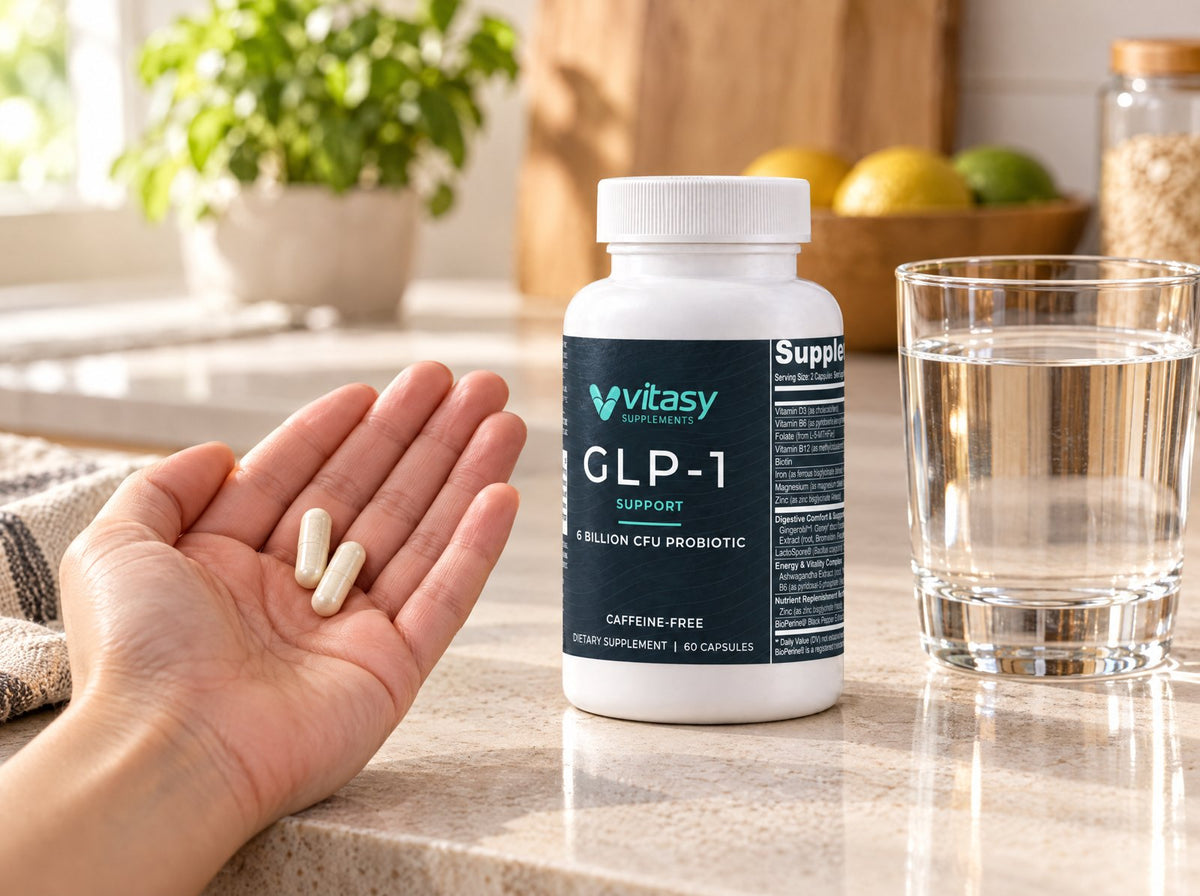 Two capsules with a full glass of water
