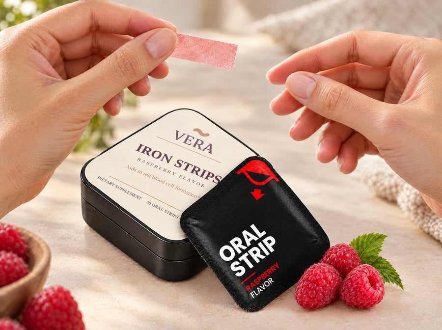Fingers holding a thin raspberry iron strip above the tin