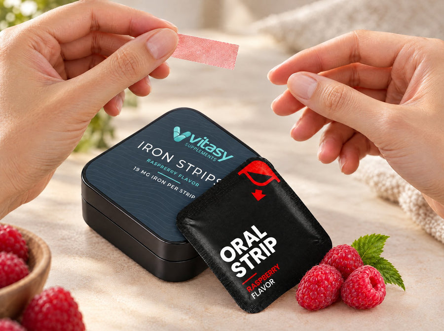 Fingers holding a thin raspberry iron strip above the tin