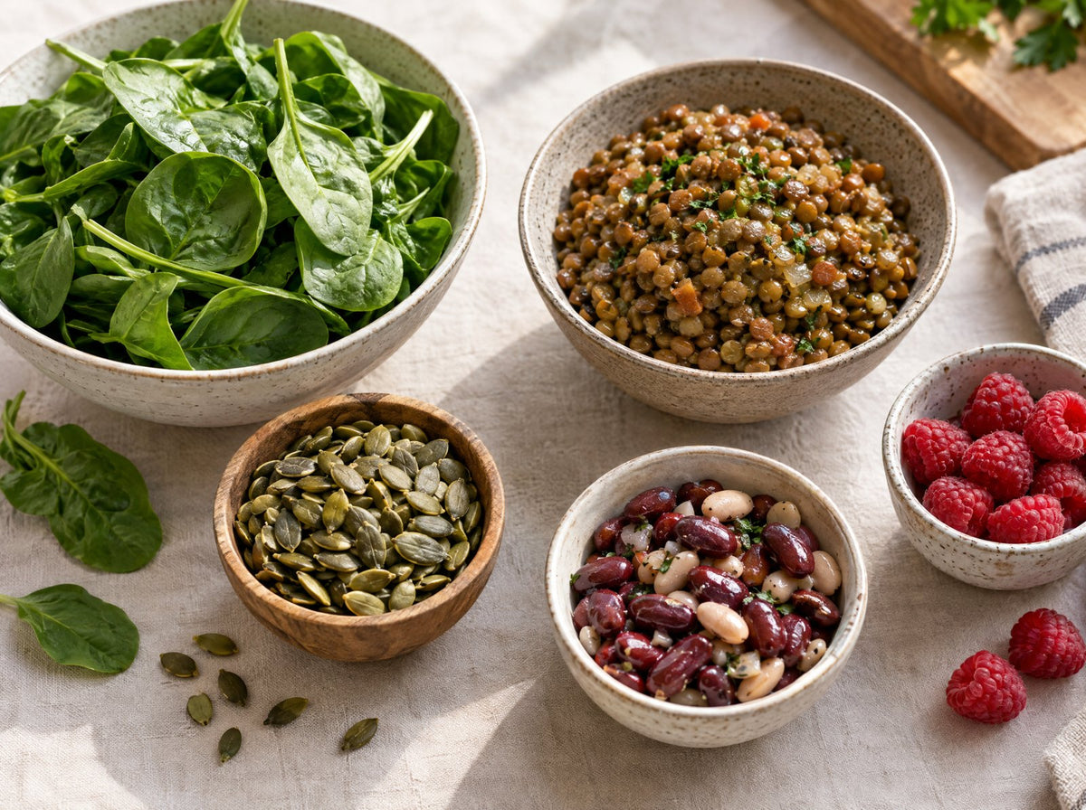 Everyday iron-rich foods: spinach, lentils, pumpkin seeds and beans