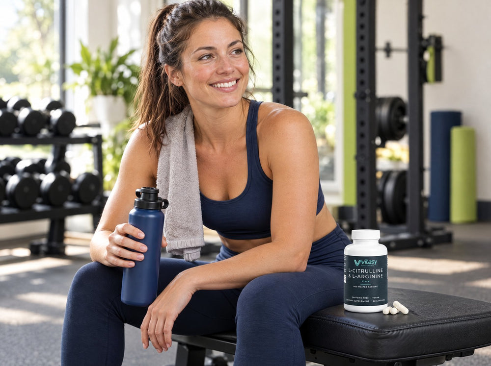 Woman in training clothes on a gym bench with the bottle