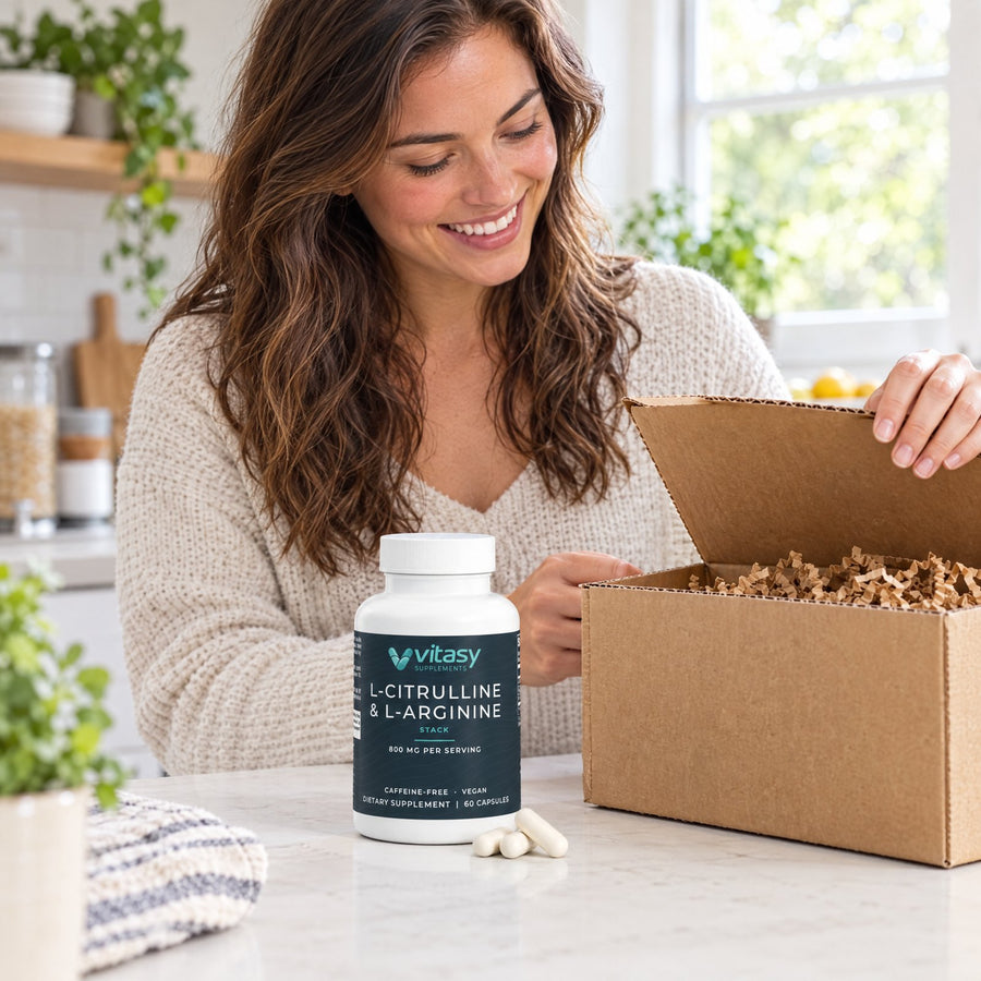 L-Citrulline & L-Arginine Stack bottle unpacked from its delivery box on a kitchen counter