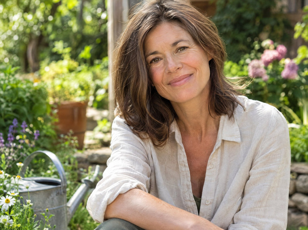 Woman in her fifties in a sunny garden