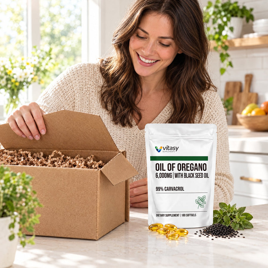 Vitasy Oil of Oregano pouch unpacked from its delivery box on a kitchen counter