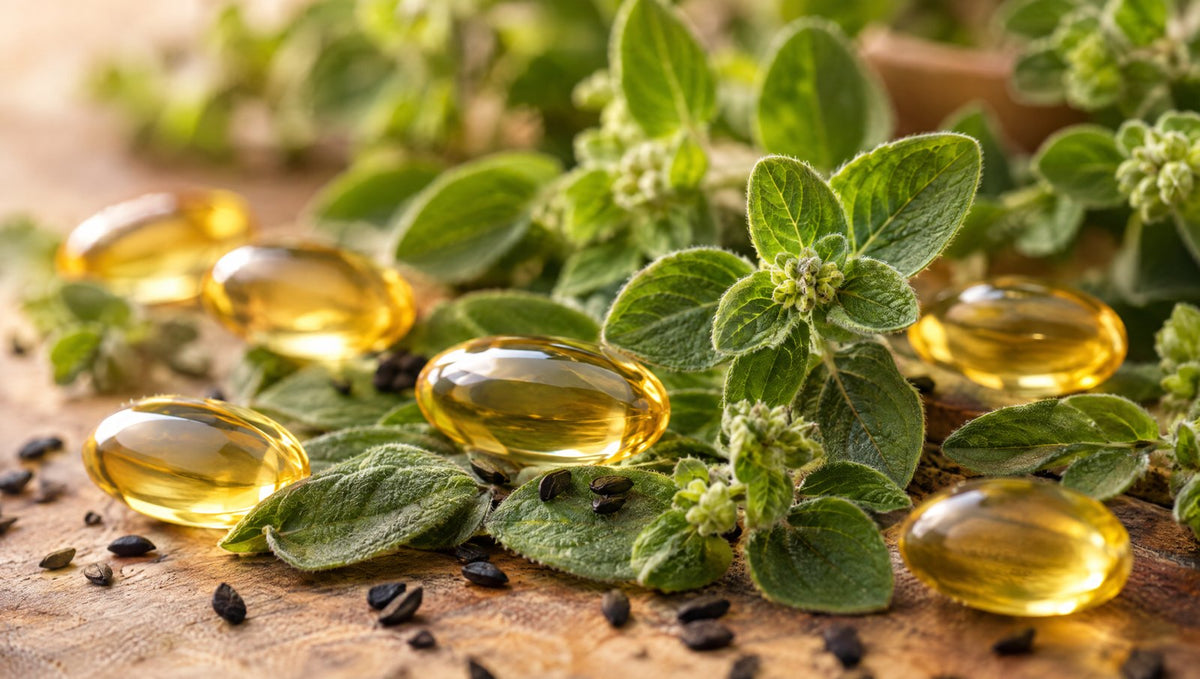 Close-up of golden softgels on oregano leaves