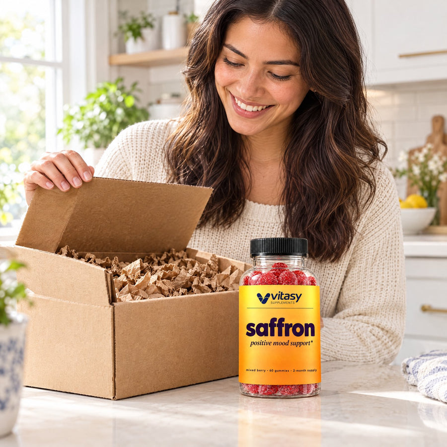 Vitasy Saffron Gummies bottle unpacked from its delivery box on a kitchen counter