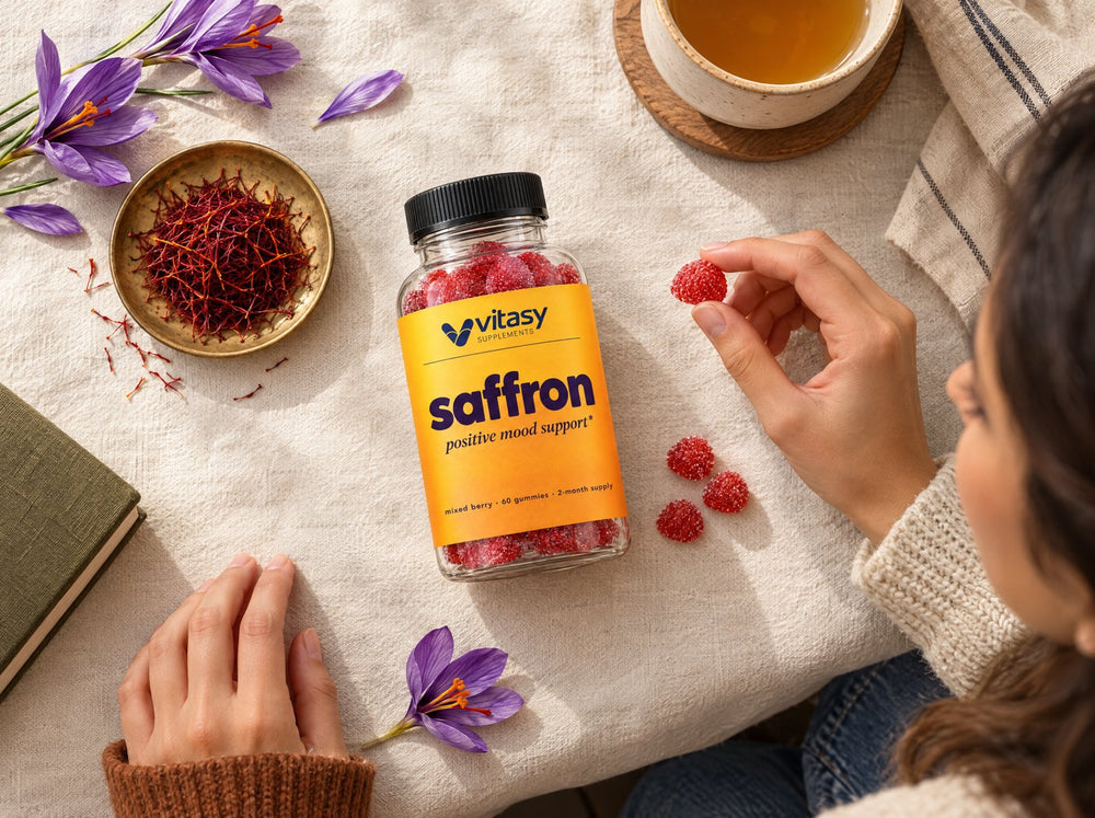 Flat-lay of the saffron bottle with saffron threads and crocus flowers
