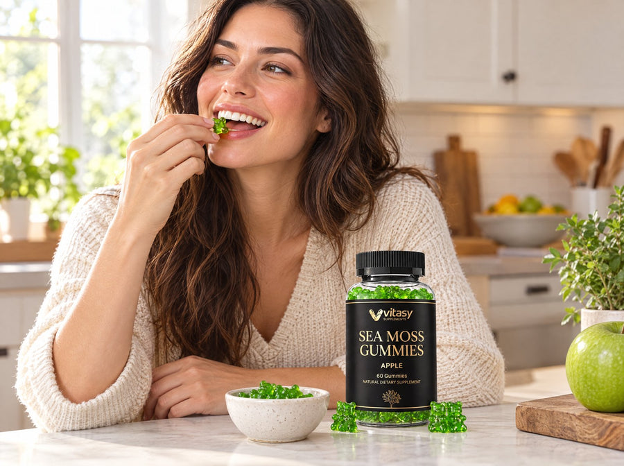 Woman eating a sea moss gummy in her kitchen