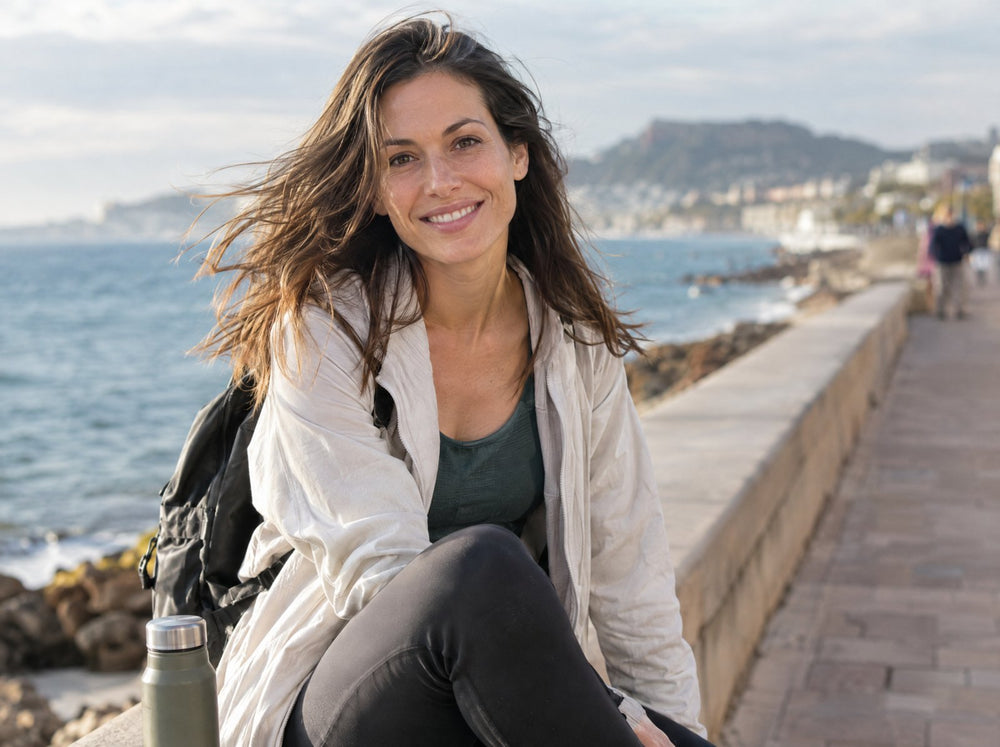 Woman around 30 on a seaside promenade