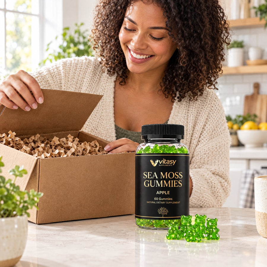Vitasy Sea Moss Gummies jar unpacked from its delivery box on a kitchen counter