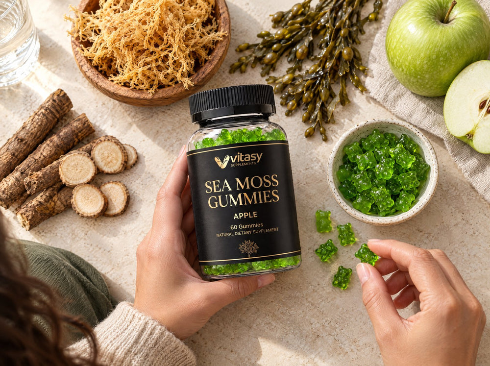 Flat-lay of the sea moss jar with sea moss, bladderwrack and burdock root