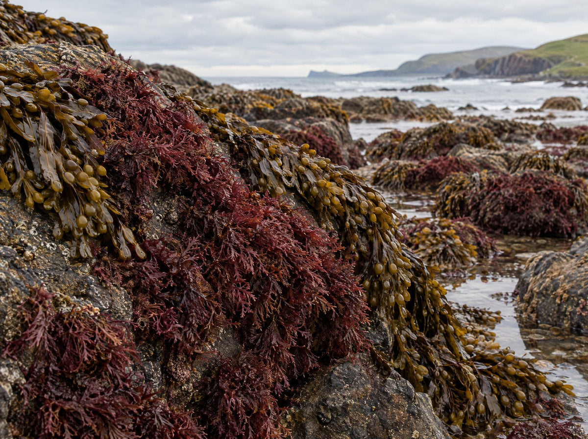 Irish shore with sea moss and bladderwrack on the rocks