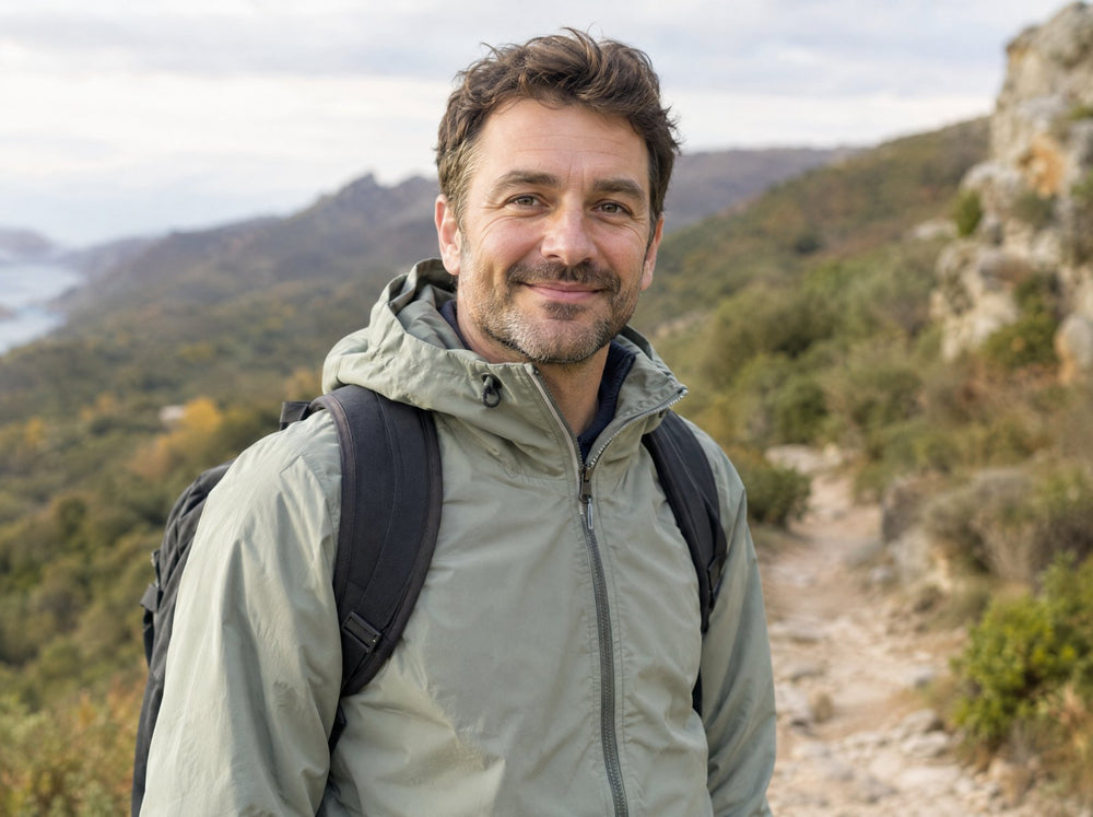 Man around 40 on a hiking path