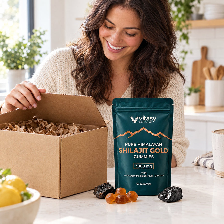 Shilajit Gummies pouch unpacked from its delivery box on a kitchen counter
