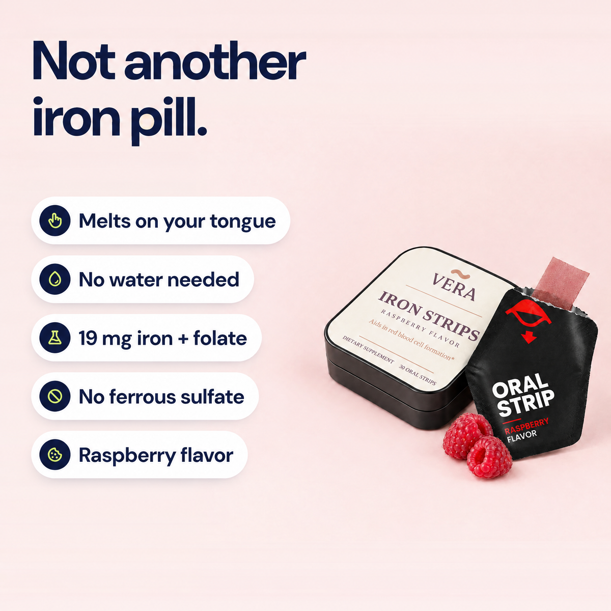 Not another iron pill: melts on your tongue, no water needed, 19 mg iron + folate, no ferrous sulfate, raspberry flavor