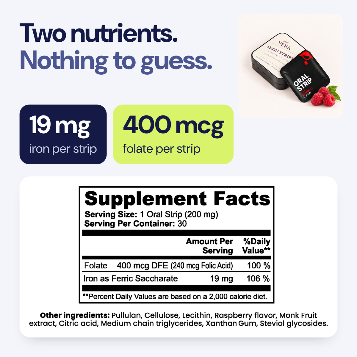 Two nutrients, nothing to guess: 19 mg iron and 400 mcg folate per strip, with the Supplement Facts panel