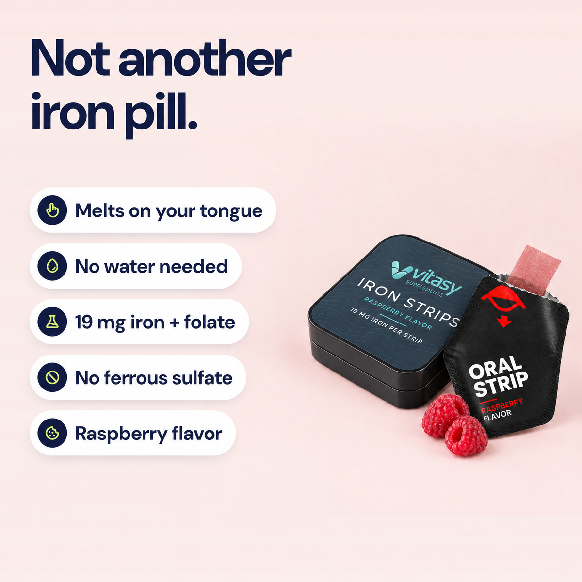 Not another iron pill: melts on your tongue, no water needed, 19 mg iron + folate, no ferrous sulfate, raspberry flavor