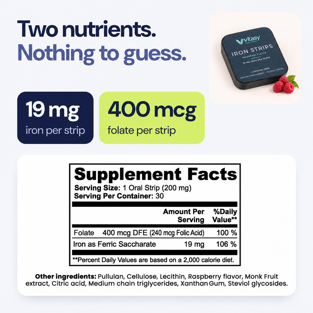 Two nutrients, nothing to guess: 19 mg iron and 400 mcg folate per strip, with the Supplement Facts panel