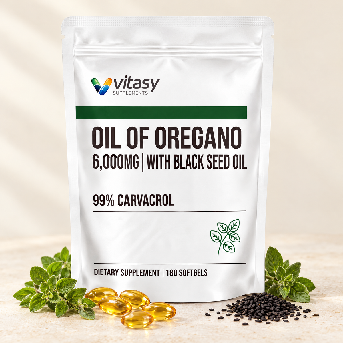 Vitasy Oil of Oregano with black seed oil pouch, 180 softgels, with golden softgels, fresh oregano and black seeds