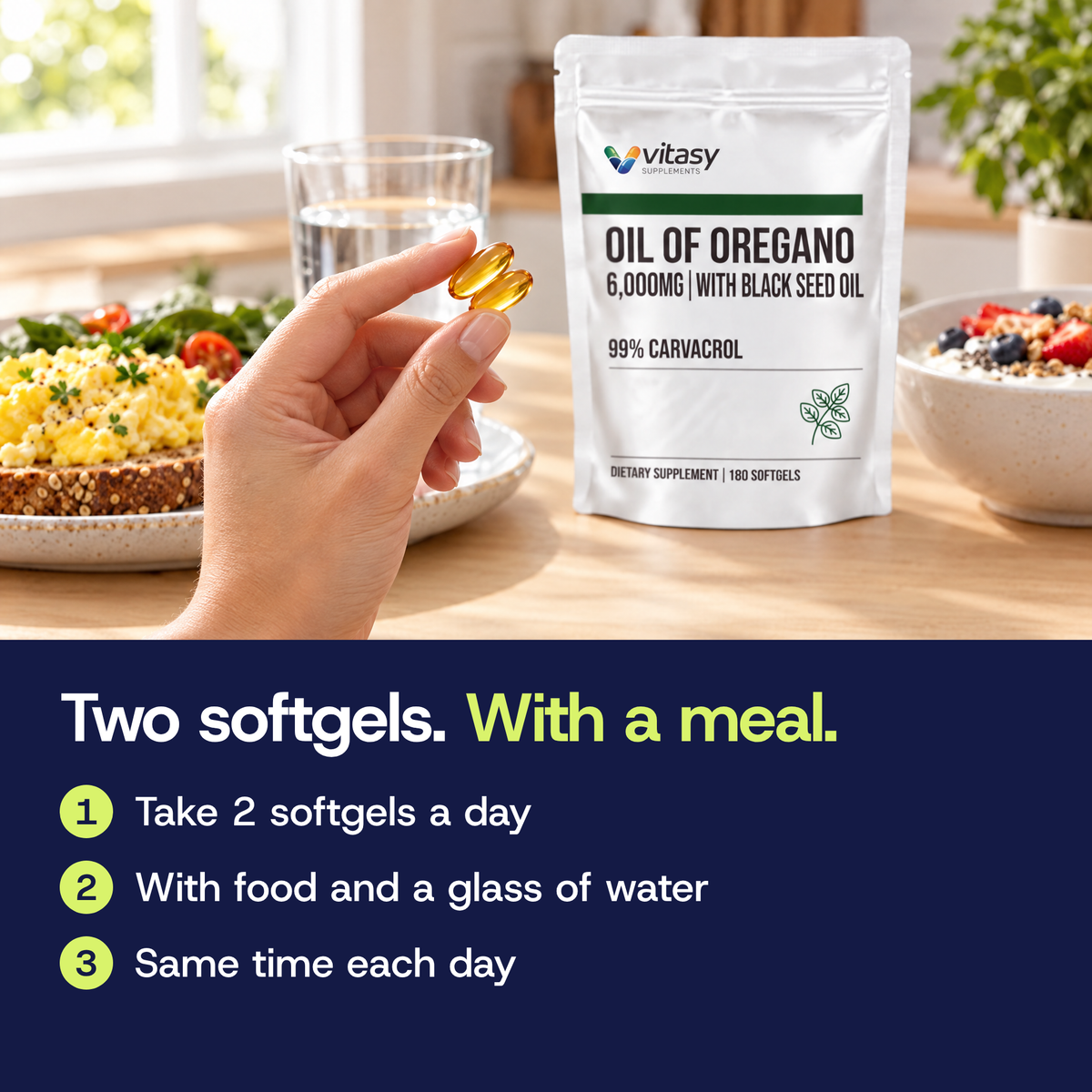 Hand holding two golden softgels at a breakfast table: take 2 softgels a day with food and water