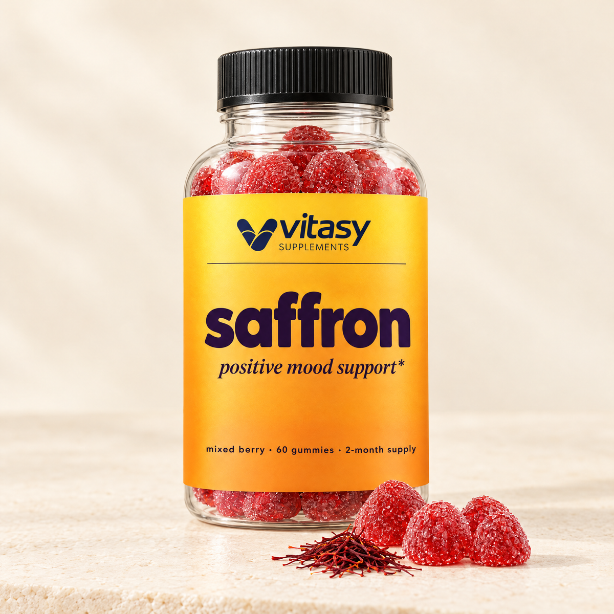 Vitasy Saffron Gummies bottle, mixed berry, 60 gummies, with red gummies and saffron threads