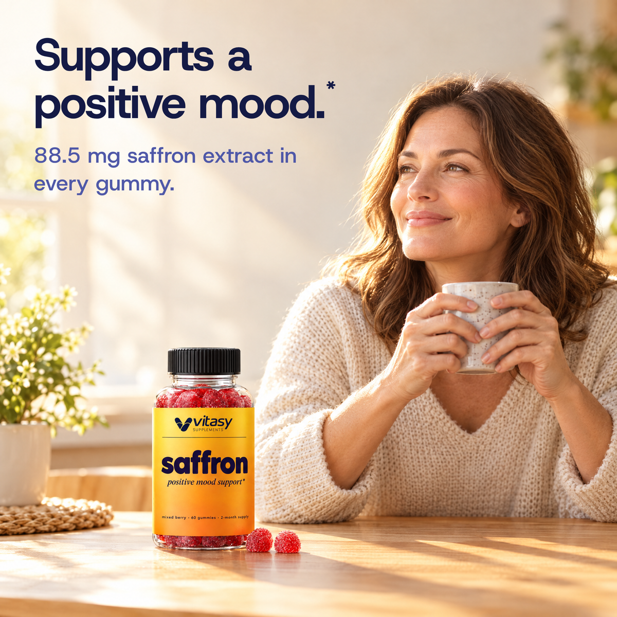Supports a positive mood. 88.5 mg saffron extract in every gummy