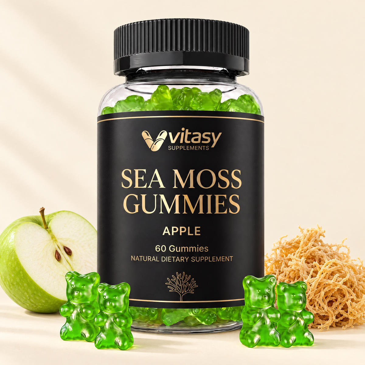 Vitasy Sea Moss Gummies jar, apple flavor, with green gummies, a green apple and dried Irish sea moss