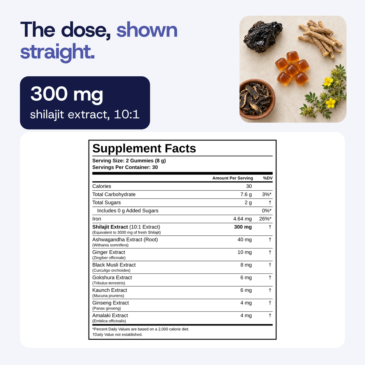 The dose, shown straight. Supplement Facts per 2 gummies: shilajit extract 10:1 300 mg (equivalent to 3000 mg fresh shilajit), ashwagandha root extract 40 mg, ginger 10 mg, black musli 8 mg, gokshura 6 mg, kaunch 6 mg, ginseng 4 mg, amalaki 4 mg, iron 4.64 mg.