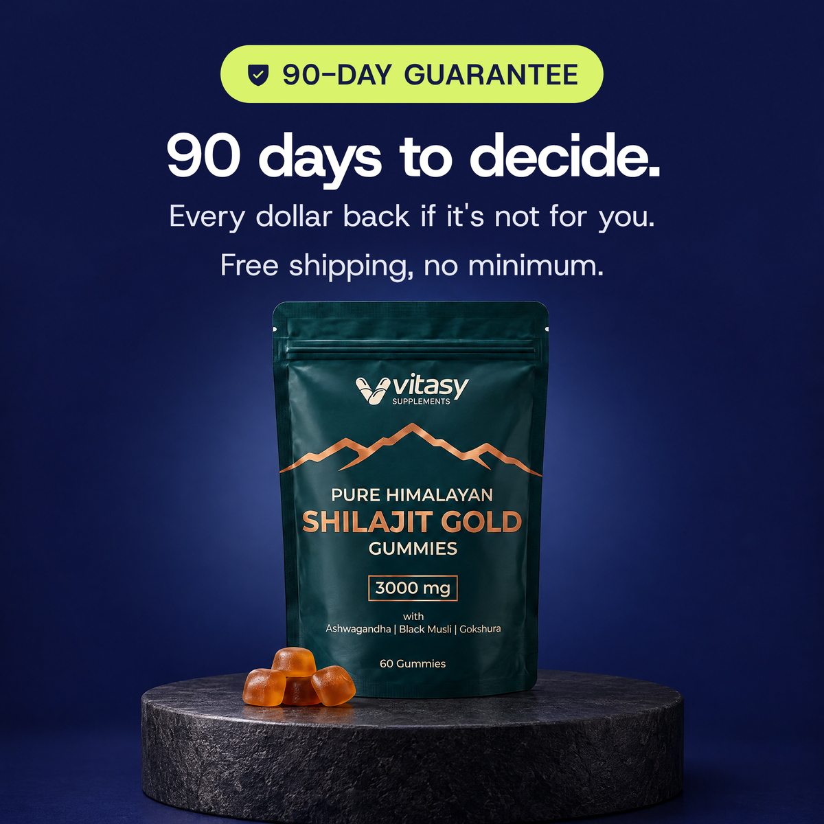 Shilajit Gummies pouch on a stone pedestal. 90-day money-back guarantee, free shipping with no minimum.