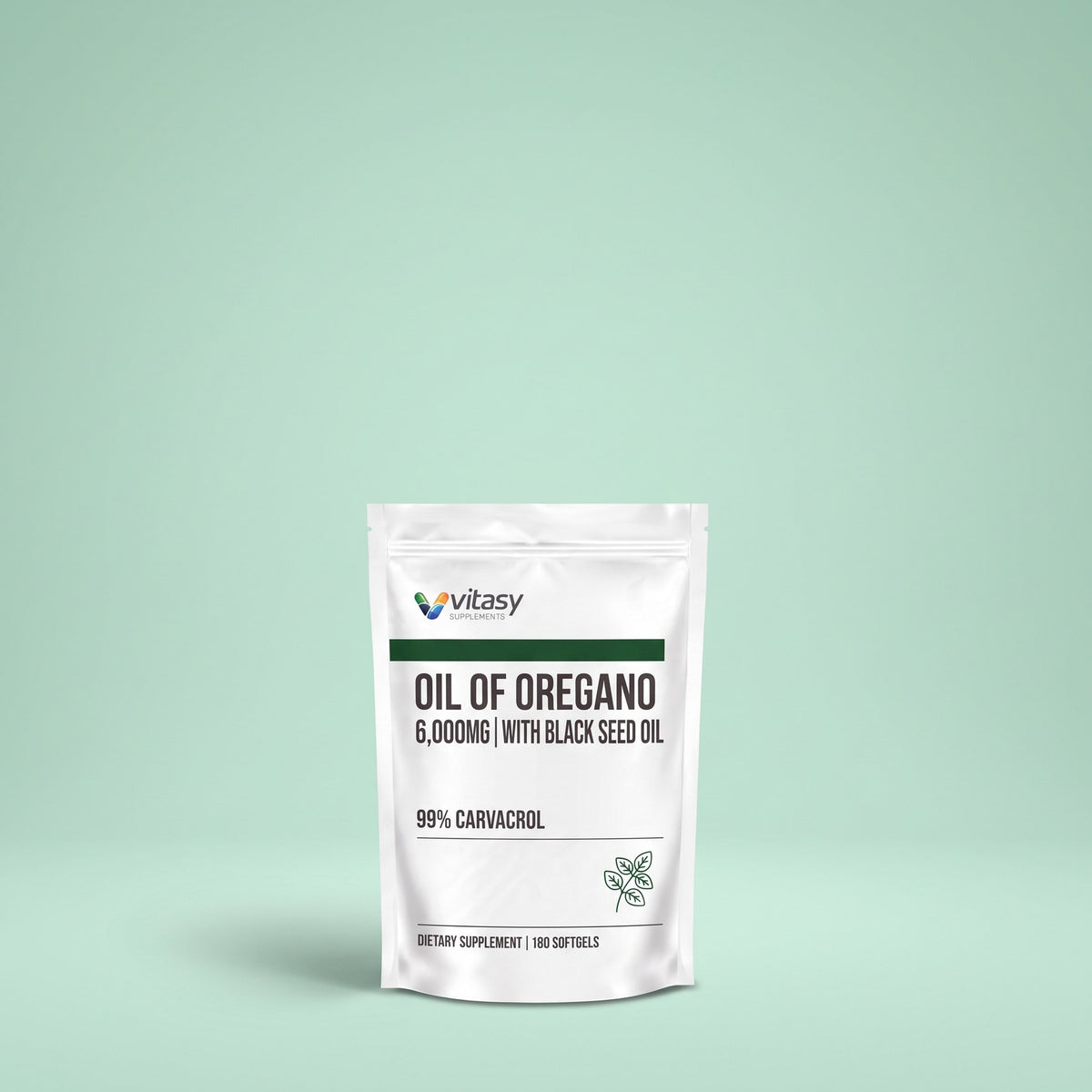 Vitasy Oil of Oregano pouch on a mint background
