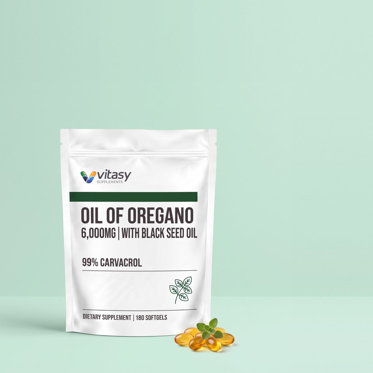 Vitasy Oil of Oregano pouch with amber softgels and a sprig of oregano