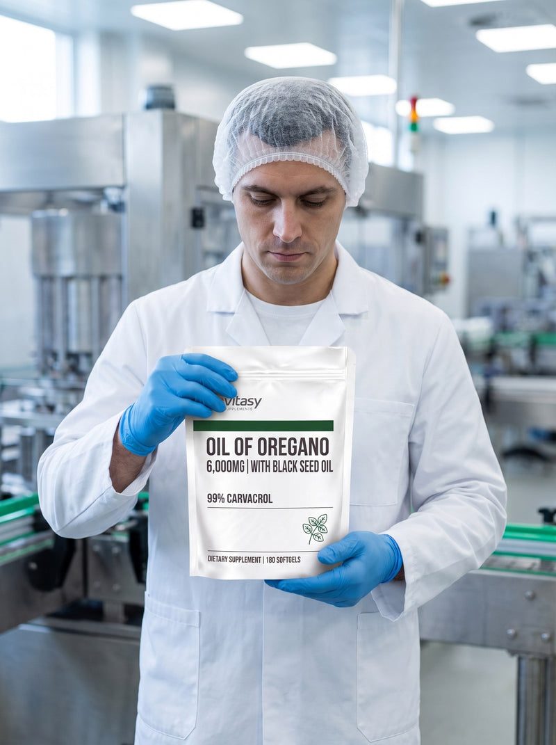 Vitasy Oil of Oregano being checked in a production facility