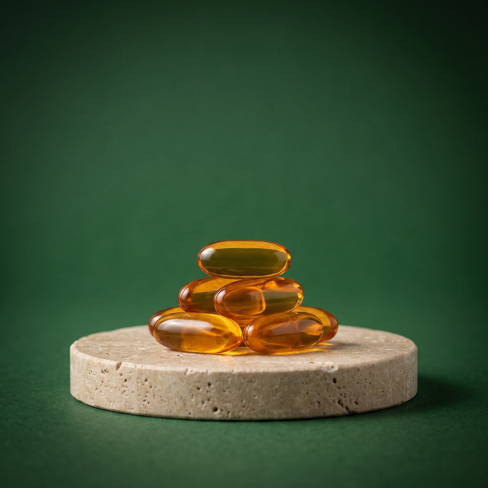 Stack of oil of oregano softgels on a stone pedestal